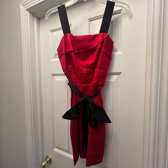 Bebe Red Silk Dress with Black Straps and Sash - Picture 1 of 3